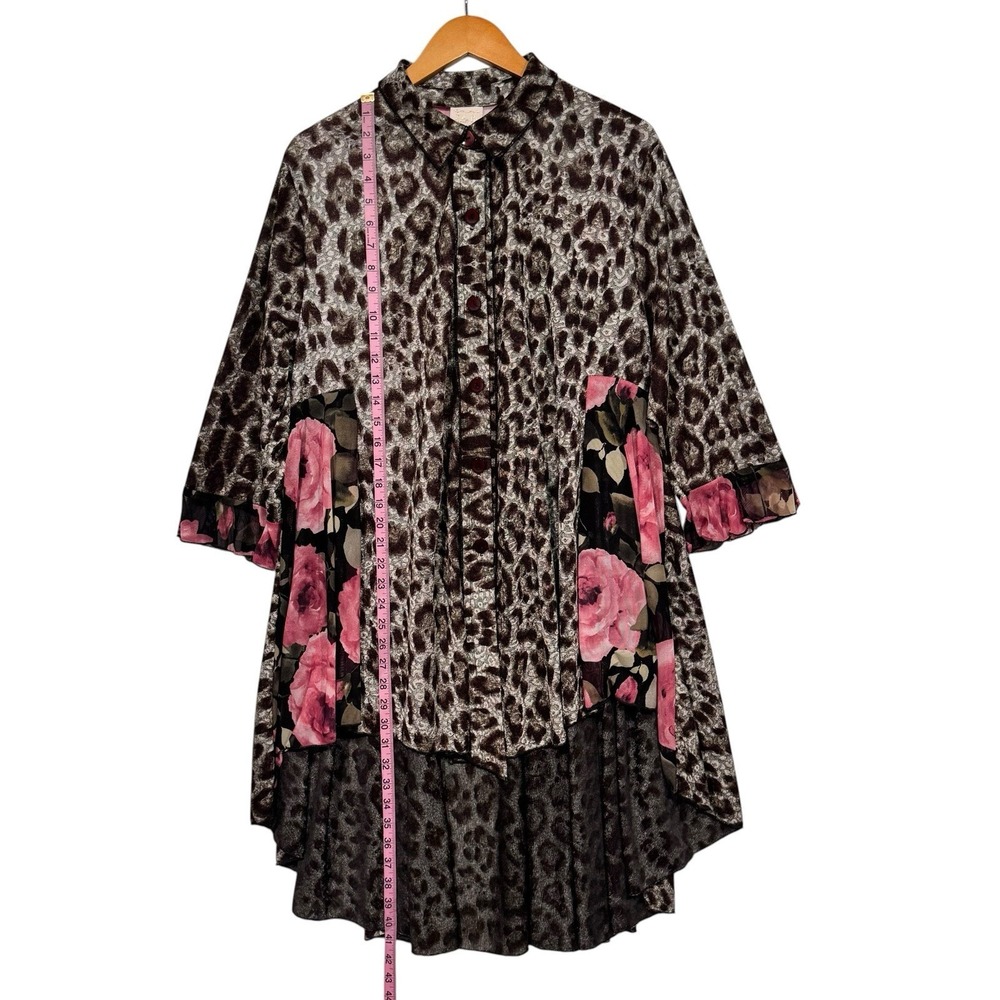 Sadie B's Top Womens Plus 3X Leopard Floral Button Up Tunic Hi Low Sheer - Picture 3 of 11